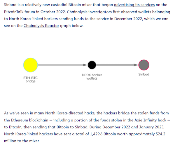 An excerpt from a Chainalyis’ report highlighting the emergence of Sinbad and its use by North Korean hackers
