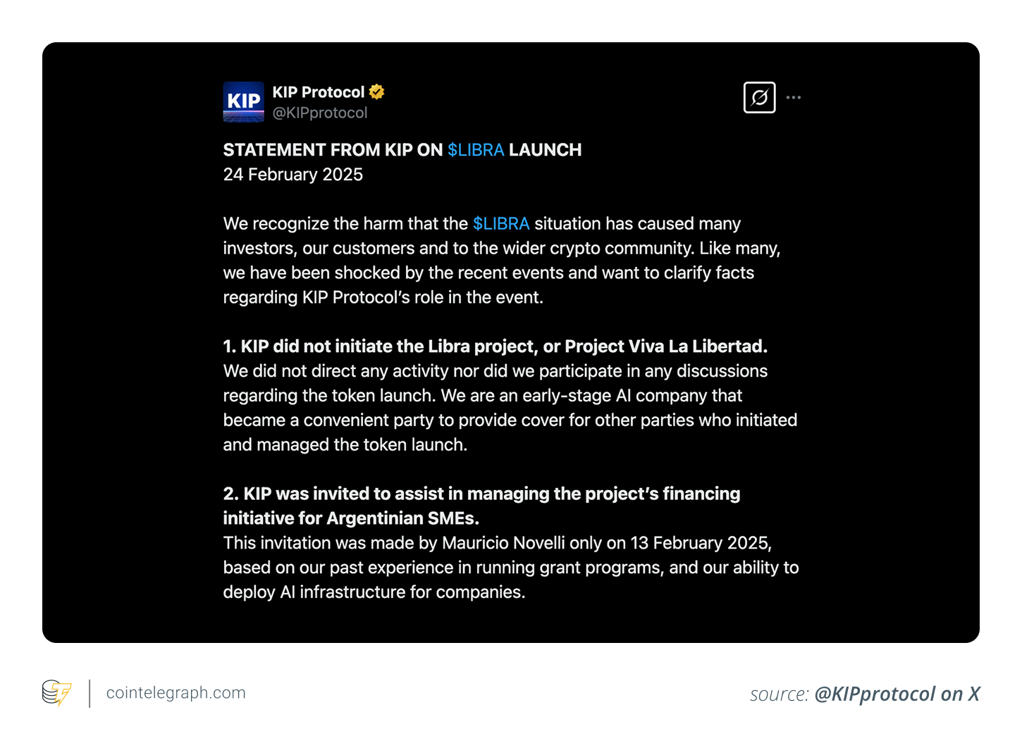 KIP Protocol denied any involvement in the launch of LIBRA